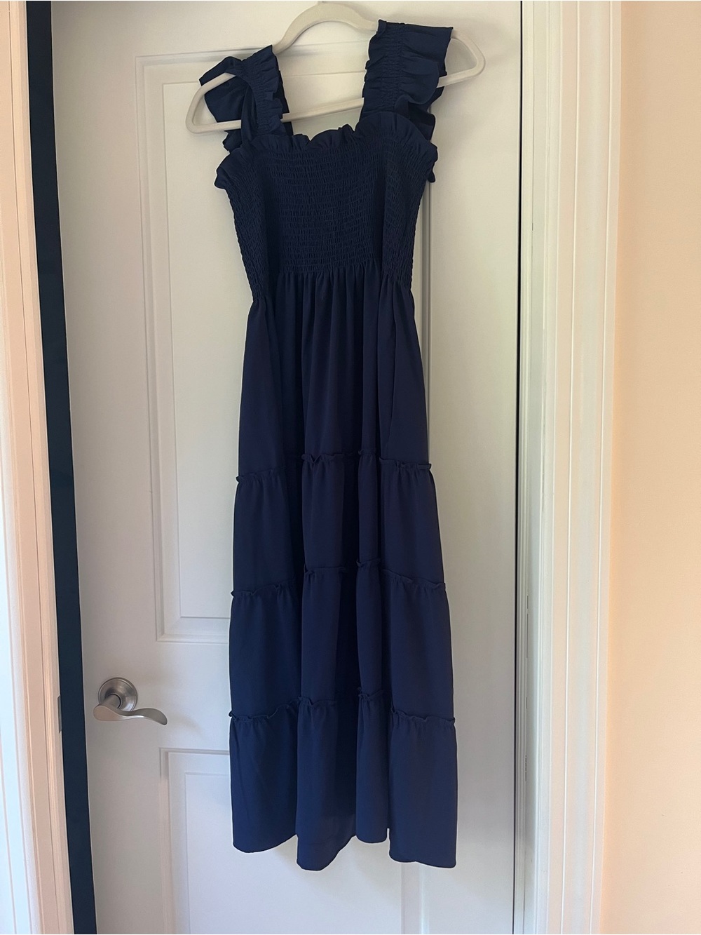 Hill House Navy Blue Ruffle Strap Tiered Maxi Dress